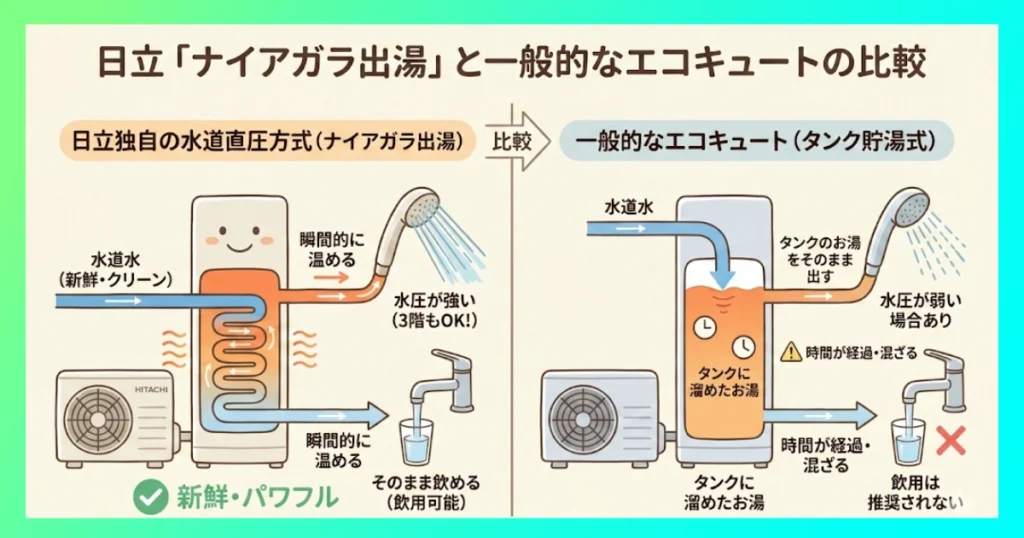 日立 そのまま飲める・水圧が落ちない「ナイアガラ出湯」